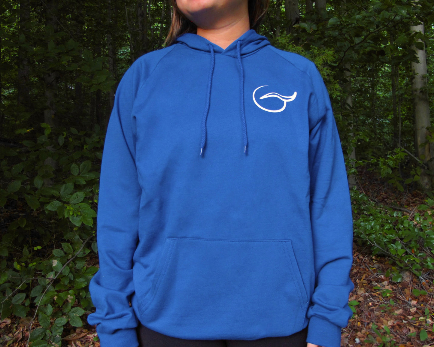 Blue unisex hoodie by Breath, featuring a comfortable, eco-friendly design. Made in the USA with 100% organic cotton.