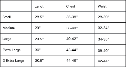 A size guide for the black t-shirt by Breath with the log on the chest.